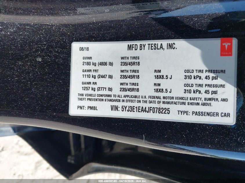 2018 Tesla Model 3 Long Range/Mid Range VIN: 5YJ3E1EA4JF078225 Lot: 44838145