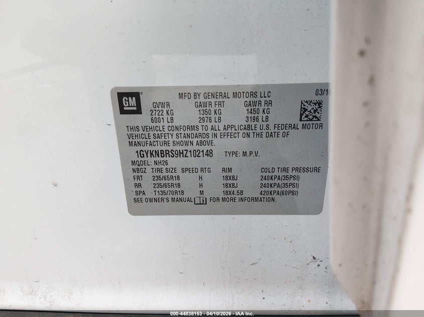 2017 Cadillac Xt5 Luxury VIN: 1GYKNBRS9HZ102148 Lot: 44838153