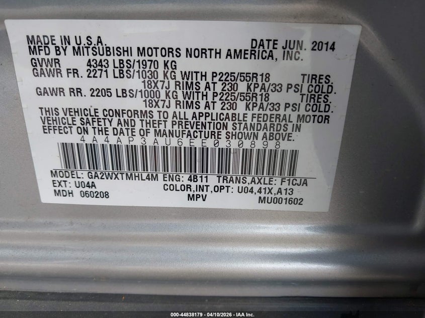 2014 Mitsubishi Outlander Sport Es VIN: 4A4AP3AU6EE030898 Lot: 44838179