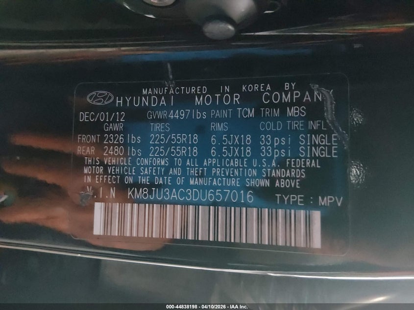 2013 Hyundai Tucson Limited VIN: KM8JU3AC3DU657016 Lot: 44838198