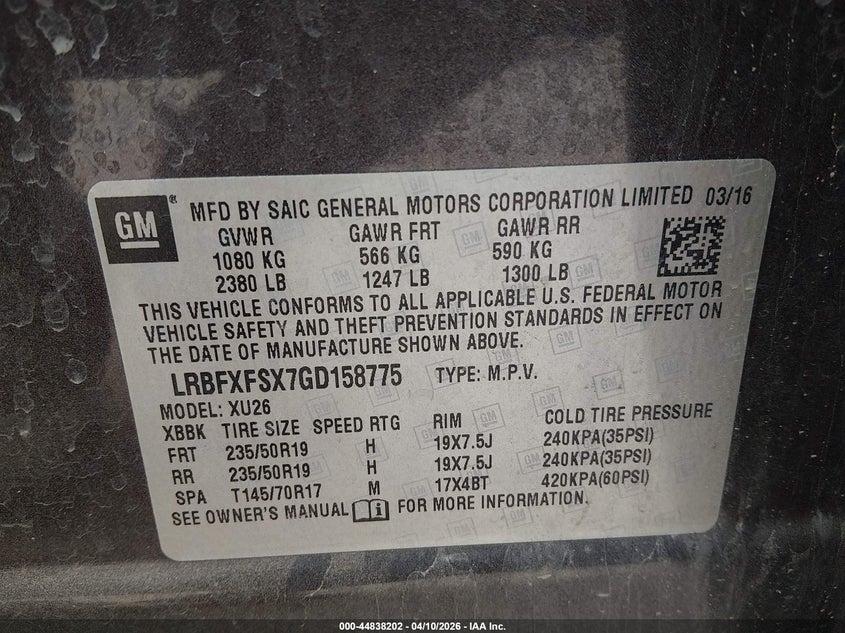 2016 Buick Envision Premium Ii VIN: LRBFXFSX7GD158775 Lot: 44838202