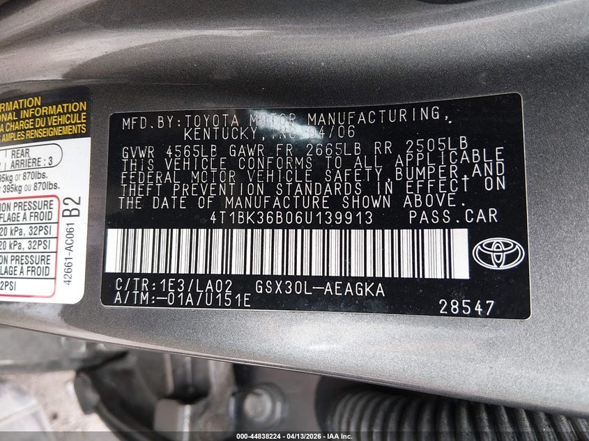 2006 Toyota Avalon Xls VIN: 4T1BK36B06U139913 Lot: 44838224