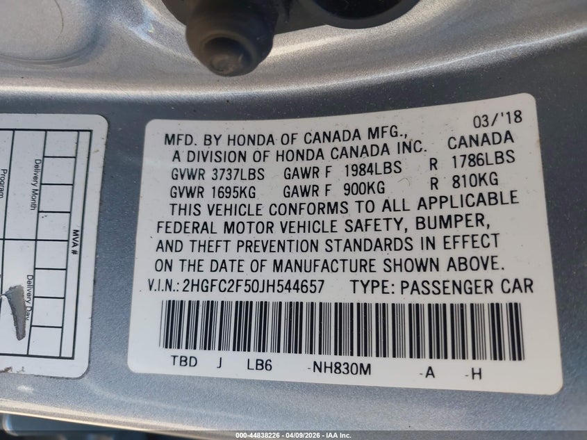 2018 Honda Civic 2.0 Lx silver Lot 111044838226 Vin 2HGFC2F50JH544657