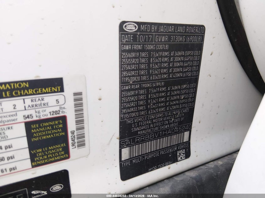 2017 Land Rover Discovery Hse VIN: SALRRBBV1HA045240 Lot: 44838255