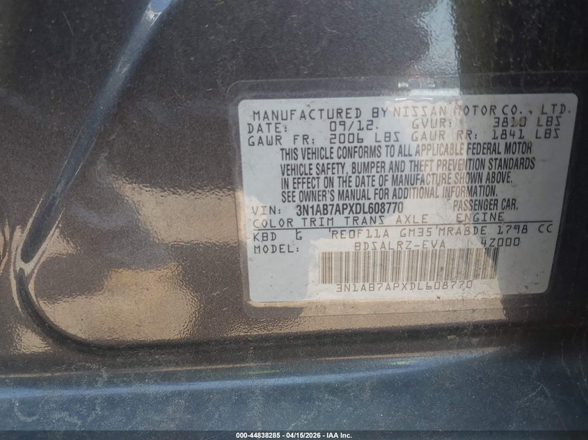 2013 Nissan Sentra Sr VIN: 3N1AB7APXDL608770 Lot: 44838285