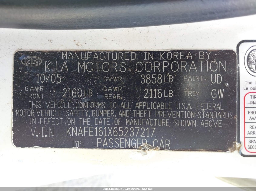 2006 Kia Spectra5 VIN: KNAFE161X65237217 Lot: 44838302