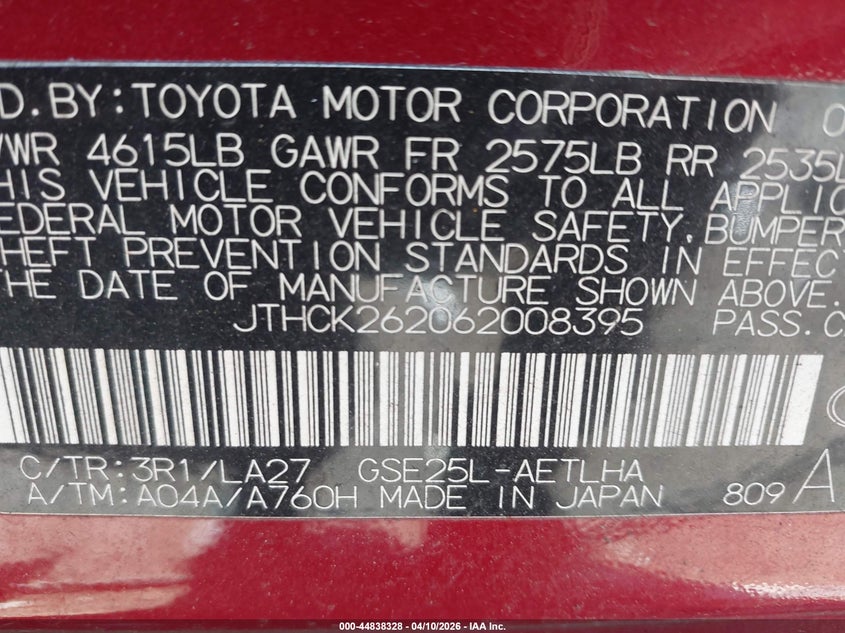 2006 Lexus Is 250 VIN: JTHCK262062008395 Lot: 44838328