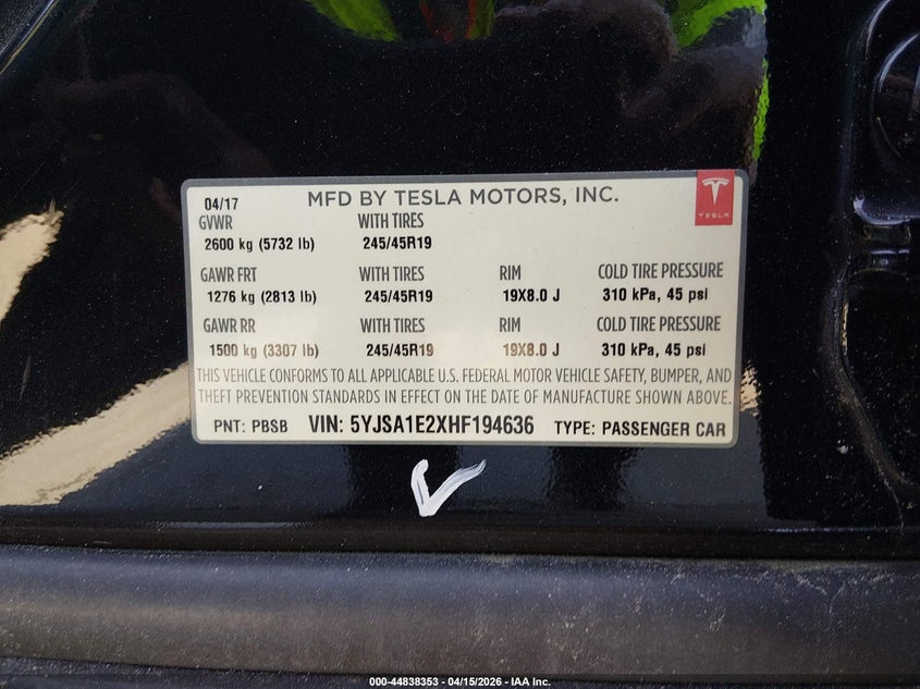 2017 Tesla Model S 100D/60D/75D/90D/P100D VIN: 5YJSA1E2XHF194636 Lot: 44838353