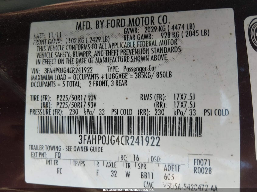 2012 Ford Fusion Sel VIN: 3FAHP0JG4CR241922 Lot: 44838354