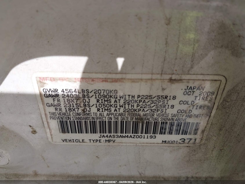 2010 Mitsubishi Outlander Se VIN: JA4AS3AW4AZ001193 Lot: 44838367