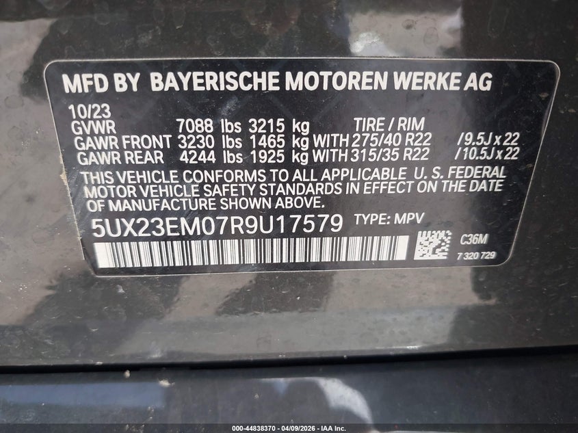 2024 BMW X7 xDrive40I VIN: 5UX23EM07R9U17579 Lot: 44838370