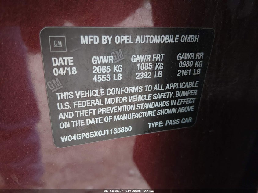 2018 Buick Regal Sportback Essence VIN: W04GP6SX0J1135850 Lot: 44838387