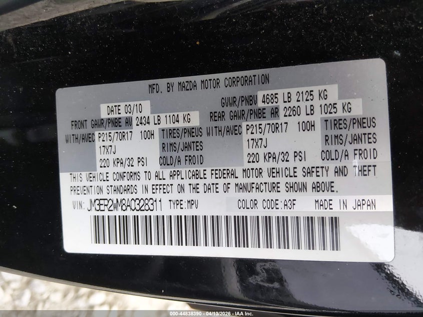 2010 Mazda Cx-7 I Sport VIN: JM3ER2WM8A0328311 Lot: 44838390