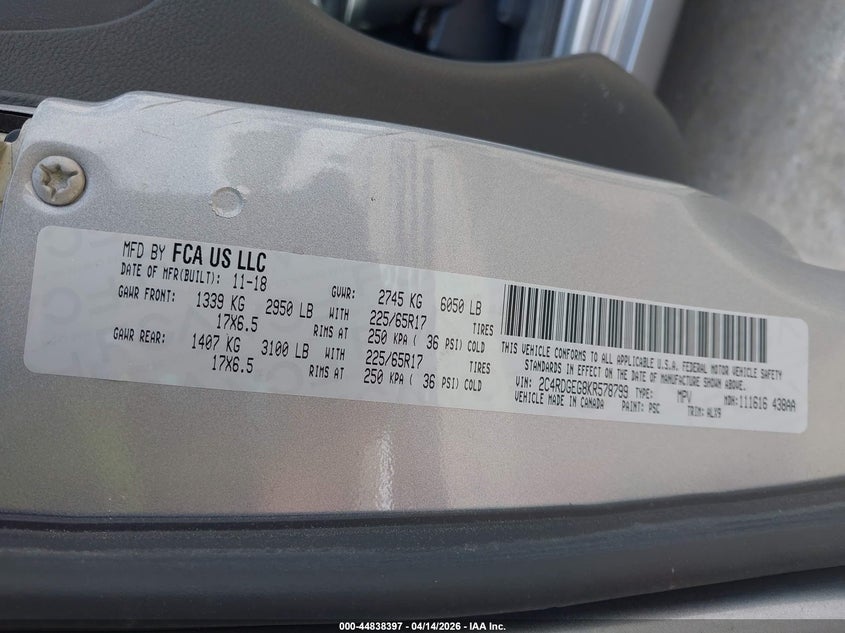 2C4RDGEG8KR578799 2019 Dodge Caravan 3.6 Grand Gt grey