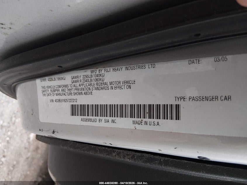 2005 Subaru Legacy 2.5I VIN: 4S3BL616257227212 Lot: 44838398