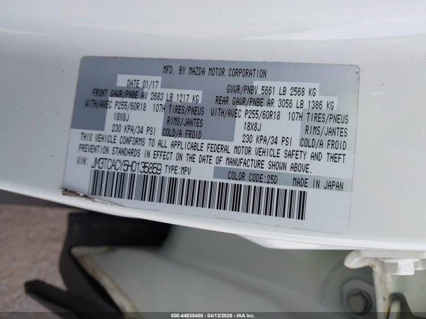 2017 Mazda Cx-9 Touring VIN: JM3TCACY5H0135859 Lot: 44838400