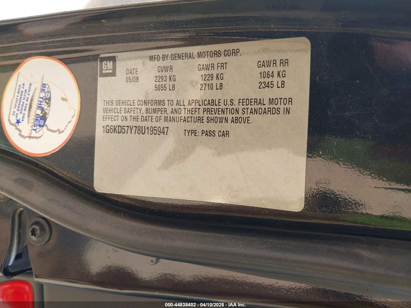 2008 Cadillac Dts 1Sc VIN: 1G6KD57Y78U195947 Lot: 44838402