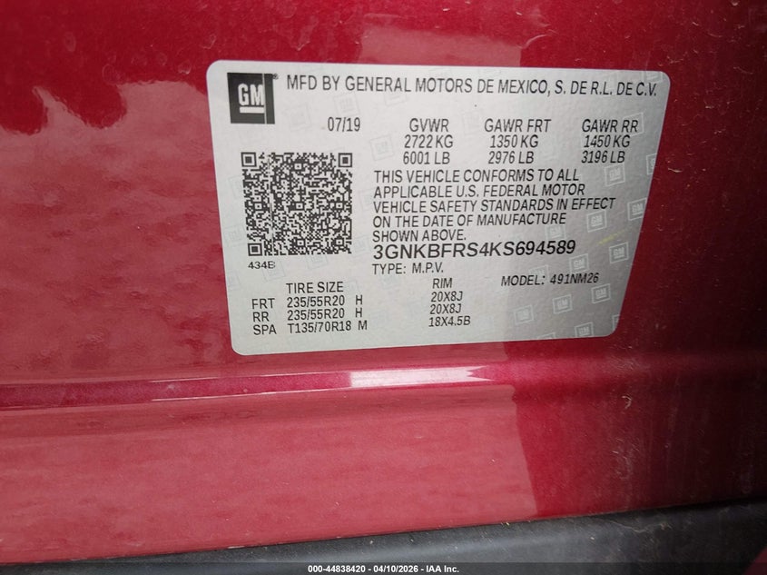 2019 Chevrolet Blazer 3.6 Premier red Lot 111044838420 Vin 3GNKBFRS4KS694589