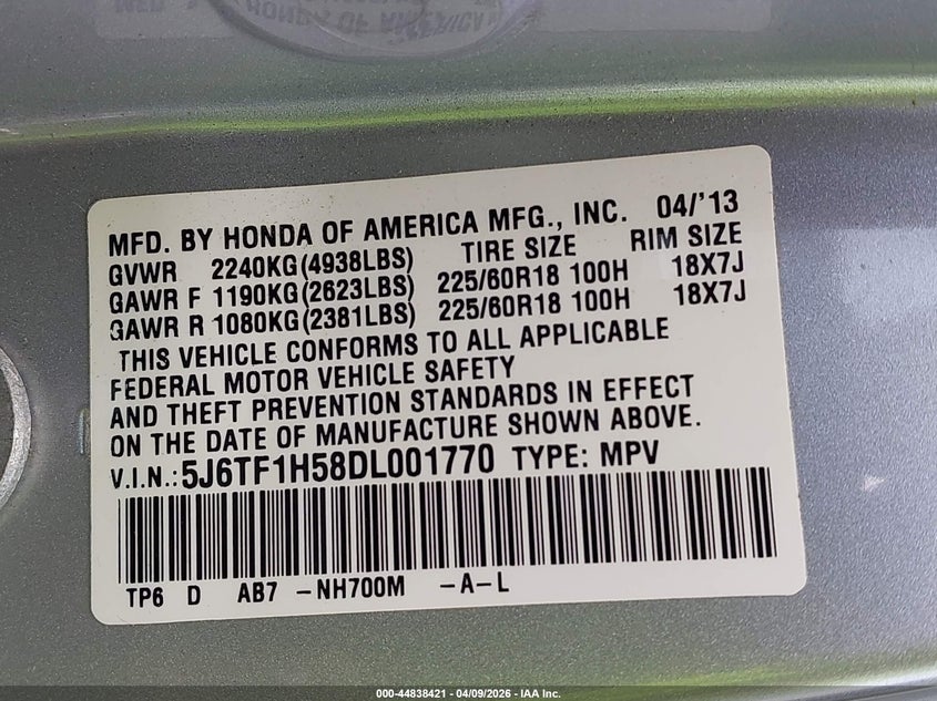 2013 Honda Crosstour Ex-L V6 VIN: 5J6TF1H58DL001770 Lot: 44838421