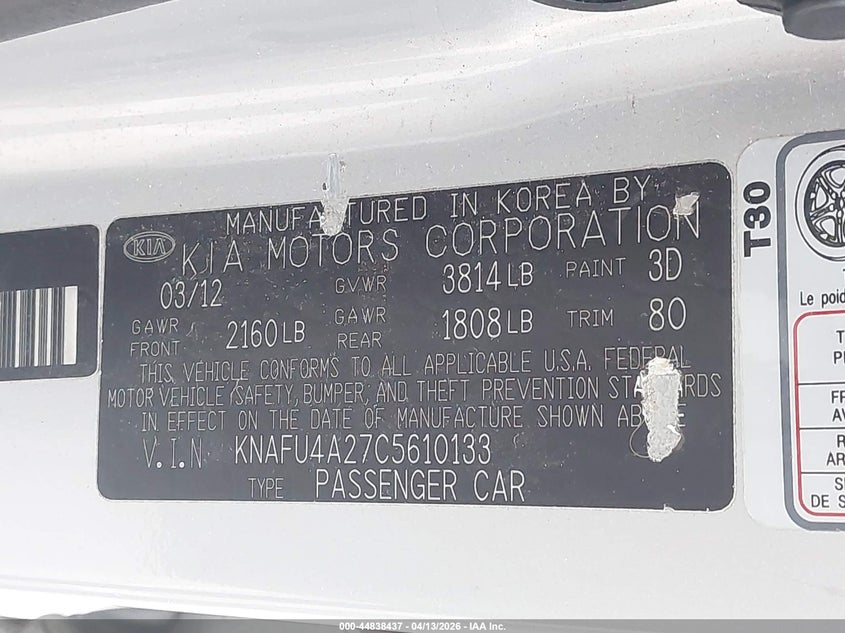 2012 Kia Forte Ex VIN: KNAFU4A27C5610133 Lot: 44838437
