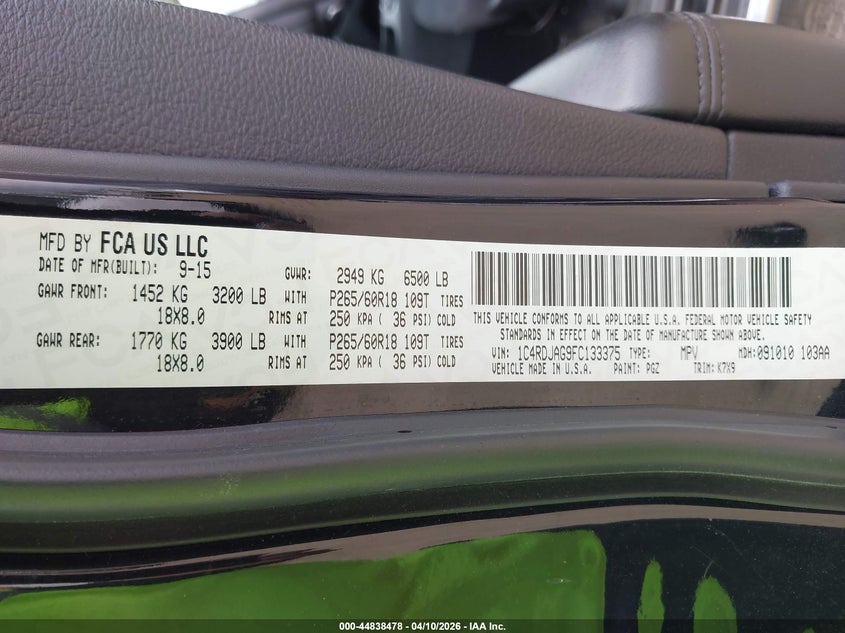 1C4RDJAG9FC133375 2015 Dodge Durango 3.6 Sxt black
