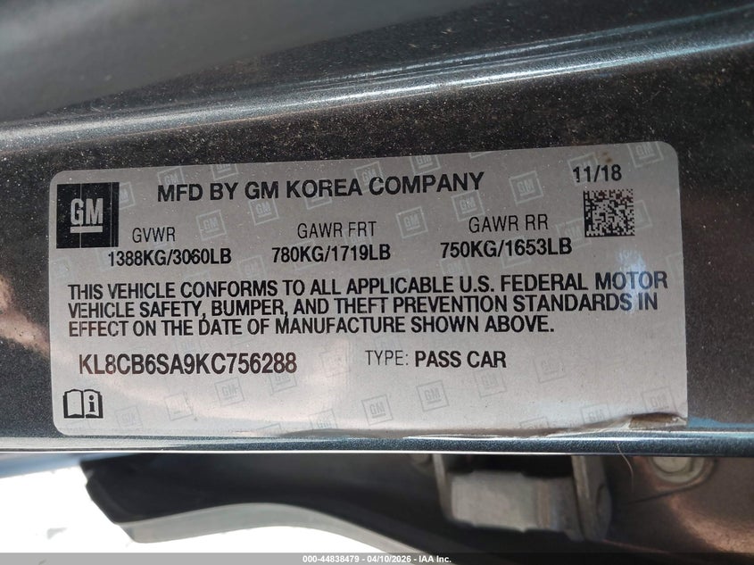 2019 Chevrolet Spark Ls Cvt VIN: KL8CB6SA9KC756288 Lot: 44838479