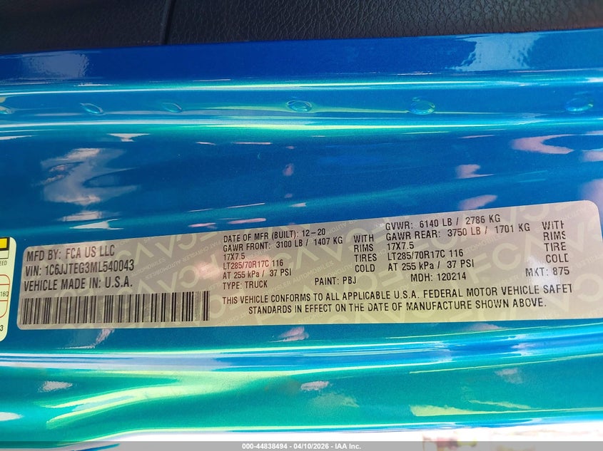 2021 Jeep Gladiator Mojave 4X4 VIN: 1C6JJTEG3ML540043 Lot: 44838494