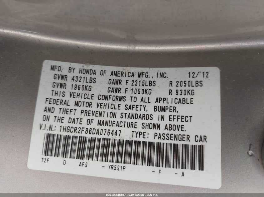 2013 Honda Accord Ex-L VIN: 1HGCR2F86DA076447 Lot: 44838497