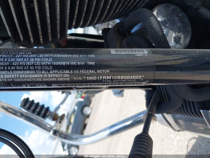 2011 Harley-Davidson Flhrc VIN: 1HD1FRM12BB604522 Lot: 44838502