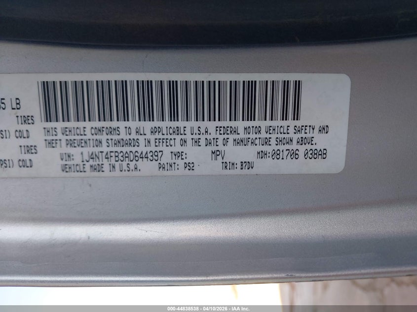 2010 Jeep Compass Sport VIN: 1J4NT4FB3AD644397 Lot: 44838538