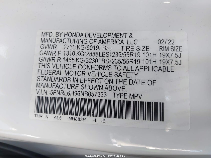 2022 Honda Odyssey Elite VIN: 5FNRL6H96NB057333 Lot: 44838553