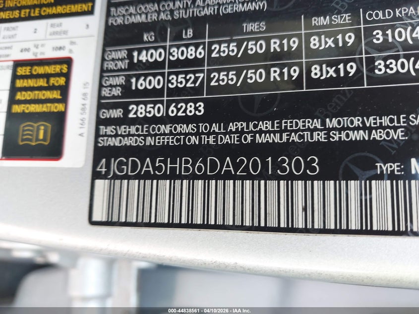 2013 Mercedes-Benz Ml 350 4Matic VIN: 4JGDA5HB6DA201303 Lot: 44838561