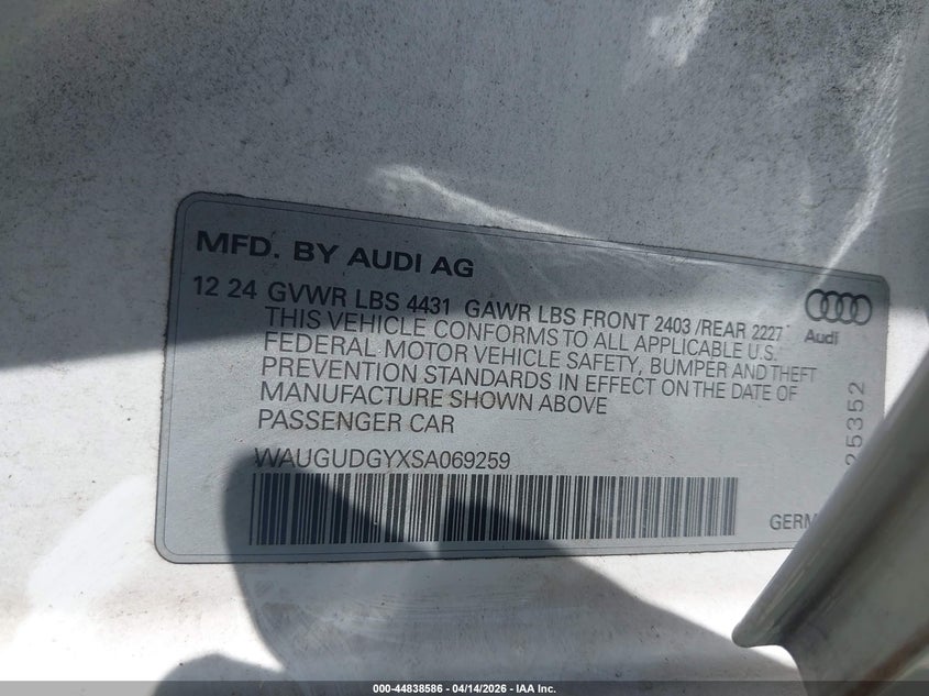 2025 Audi A3 Premium 40 Tfsi Quattro S Tronic VIN: WAUGUDGYXSA069259 Lot: 44838586