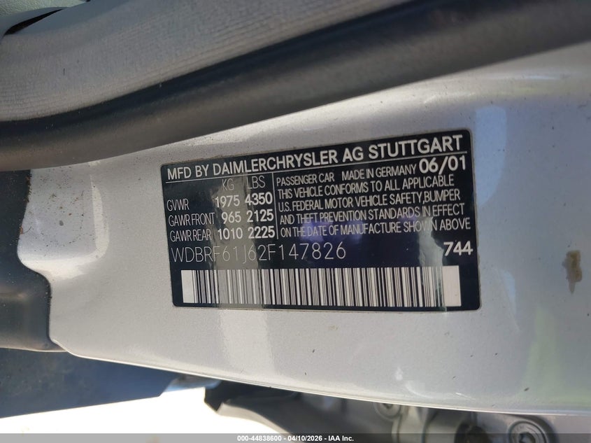 2002 Mercedes-Benz C 240 VIN: WDBRF61J62F147826 Lot: 44838600