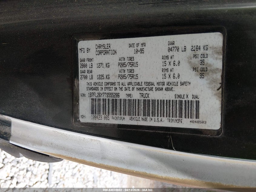 1996 Dodge Dakota VIN: 1B7FL26Y7TS555286 Lot: 44838602