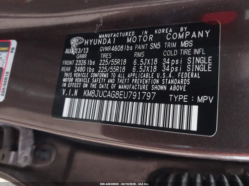 2014 Hyundai Tucson Limited VIN: KM8JUCAG8EU791797 Lot: 44838650