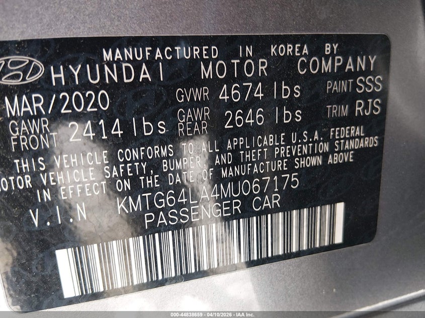 2021 Genesis G70 2.0T Rwd VIN: KMTG64LA4MU067175 Lot: 44838659