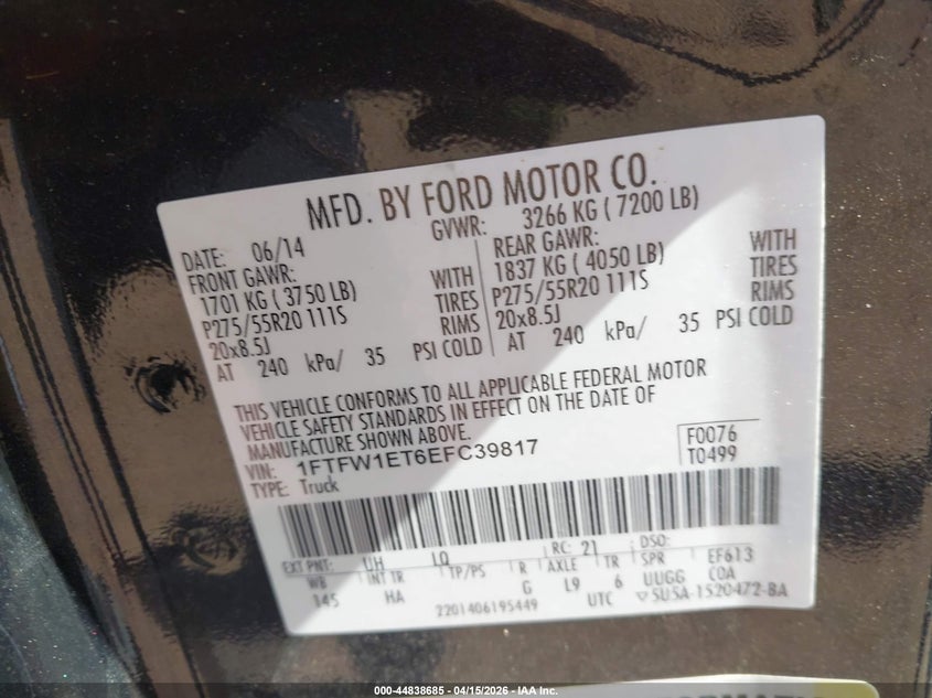 2014 Ford F-150 Lariat VIN: 1FTFW1ET6EFC39817 Lot: 44838685