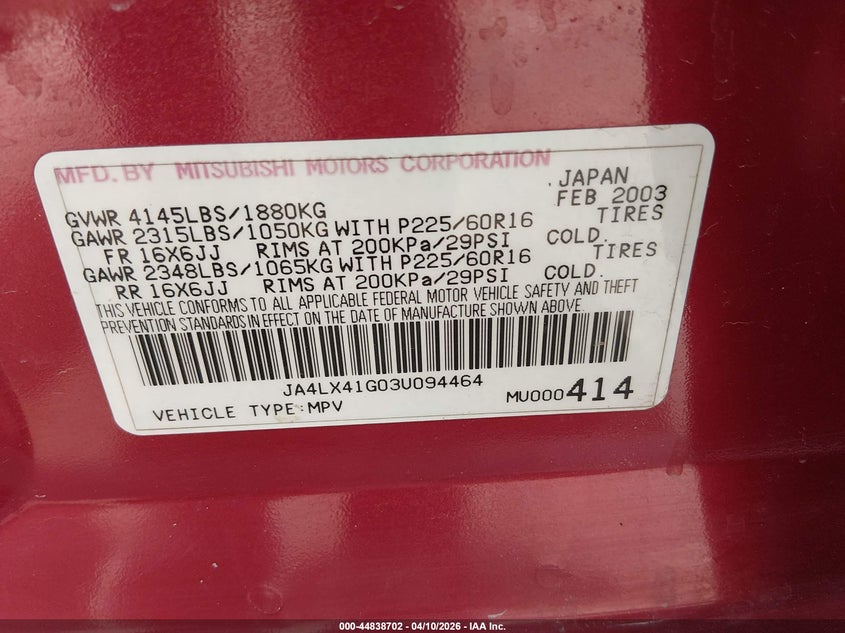 2003 Mitsubishi Outlander Xls VIN: JA4LX41G03U094464 Lot: 44838702