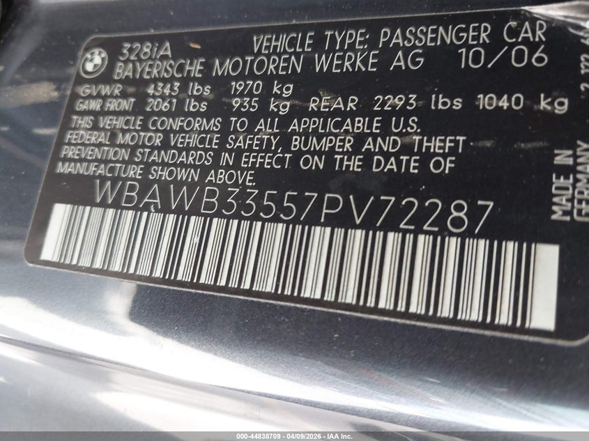 2007 BMW 328I VIN: WBAWB33557PV72287 Lot: 44838709
