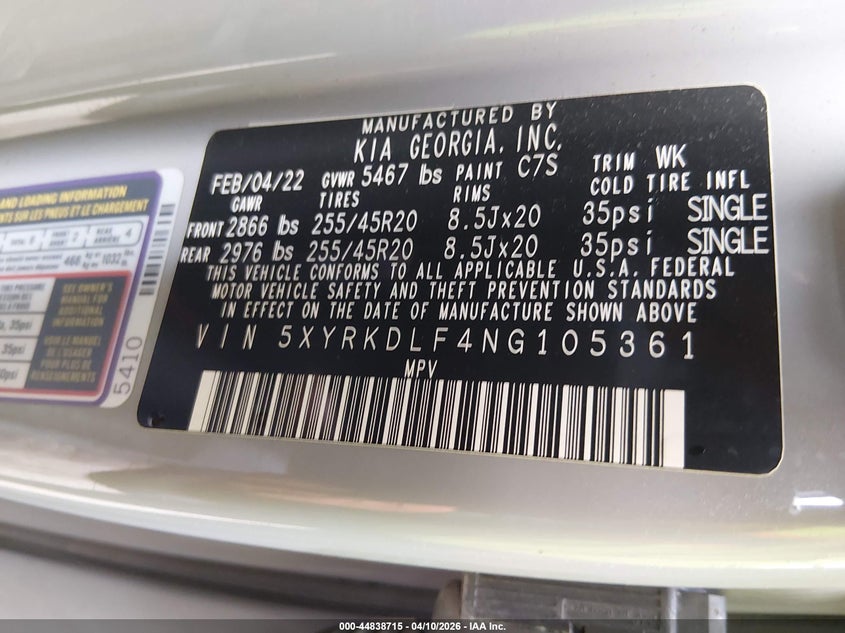 2022 Kia Sorento X-Line Sx Prestige VIN: 5XYRKDLF4NG105361 Lot: 44838715