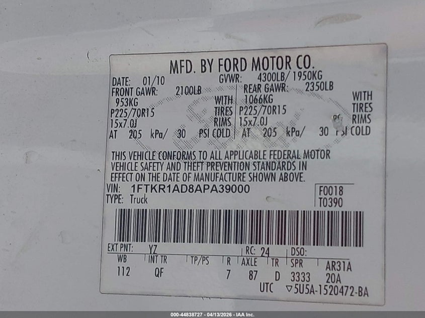 2010 Ford Ranger Xl/Xlt VIN: 1FTKR1AD8APA39000 Lot: 44838727