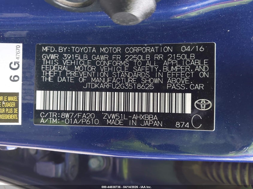 2016 Toyota Prius 1.8 Two Eco blue Lot 111044838736 Vin JTDKARFU2G3518625