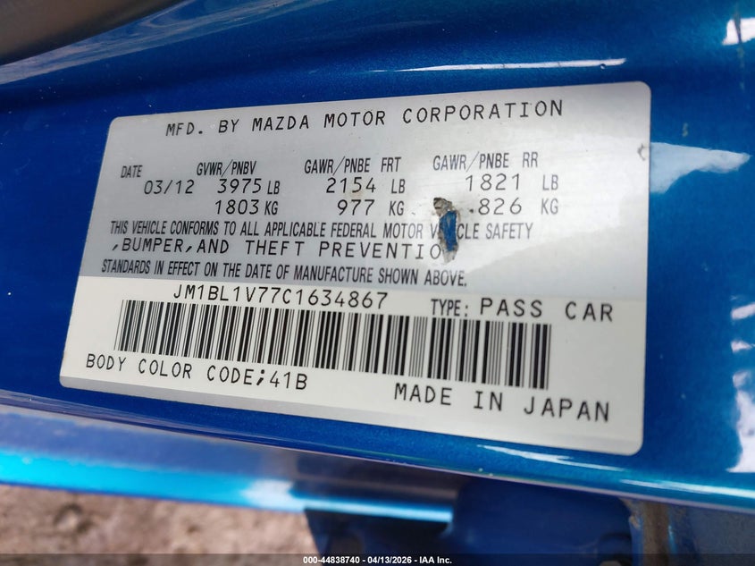 2012 Mazda 3 2.0 I Touring blue Lot 111044838740 Vin JM1BL1V77C1634867