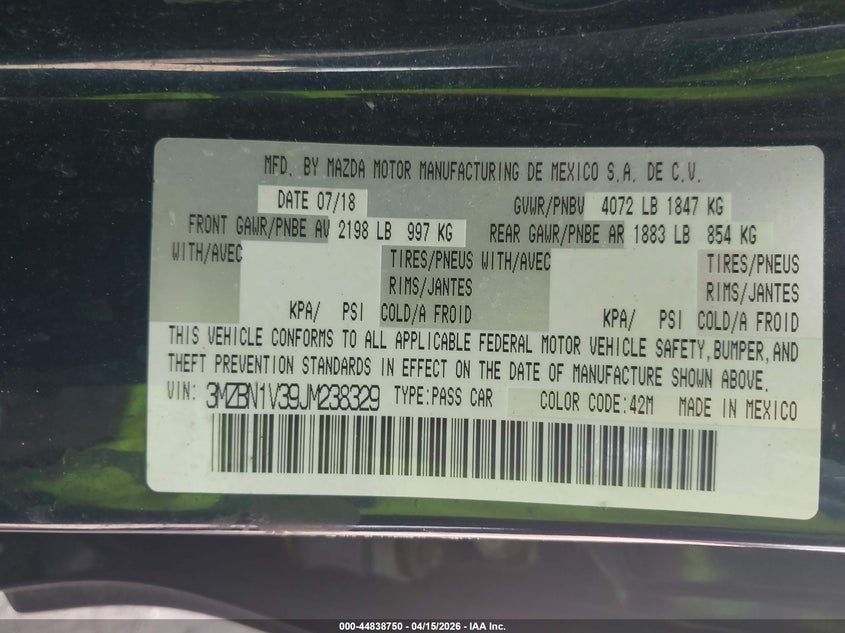 2018 Mazda Mazda3 Touring VIN: 3MZBN1V39JM238329 Lot: 44838750