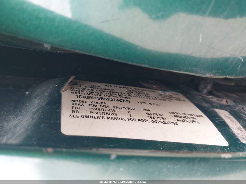 1999 GMC Yukon Slt Cmi VIN: 1GKEK13R5XJ748798 Lot: 44838755