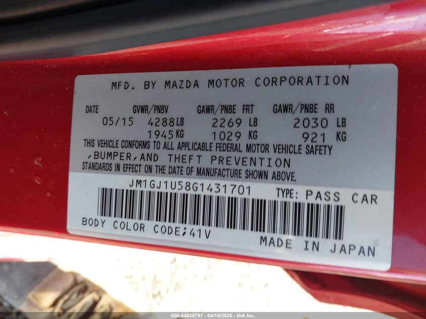 2016 Mazda Mazda6 I Sport VIN: JM1GJ1U58G1431701 Lot: 44838757