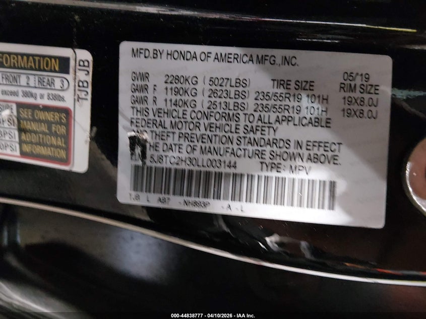 2020 Acura Rdx Standard VIN: 5J8TC2H30LL003144 Lot: 44838777