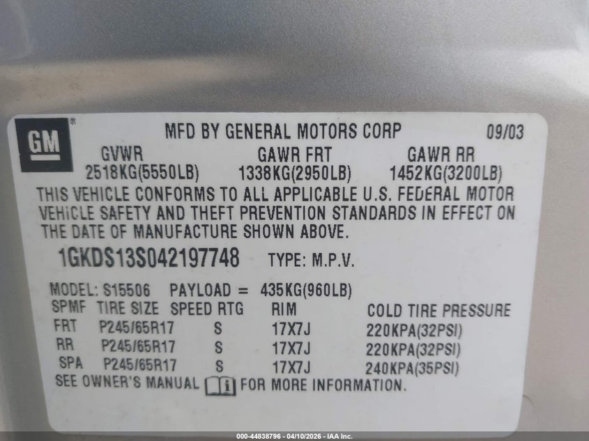 2004 GMC Envoy Slt VIN: 1GKDS13S042197748 Lot: 44838796