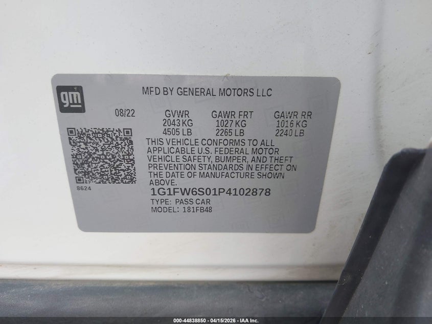 2023 Chevrolet Bolt Ev Fwd 1Lt VIN: 1G1FW6S01P4102878 Lot: 44838850